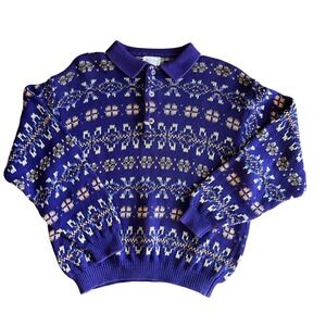 Vintage Benetton Sweater Womens Large Purple Fair Isle Ski Collar Italy 80s